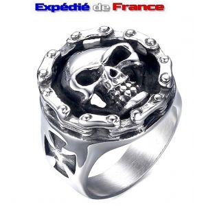 Bague Chevali&egrave;re Biker Acier T&ecirc;te De Mort + Chaine Moto 3d + Croix De Guerre West Coast - Taille 57 - Neuf