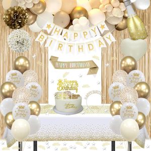 CAUC-Decoration Anniversaire, Anniversaire D&eacute;corations Beige Blanc Or Ballons Kit Banderole Joyeux Anniversaire Pom Poms Confetti Echarpe Couronne Deco Rideau Nappe Couronne Anniversaire pour Fille F - Neuf