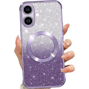 TRAHOO-Coque Magn&eacute;tique pour iPhone 17 6,3"", Etui &agrave; Paillettes Compatible avec MagSafe, Antichoc Charge sans Fil Housse pour iPhone 17, avec 2 Verre Tremp&eacute;, Pourpre - Neuf