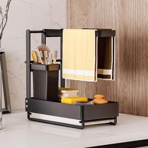 Organisateur Evier Cuisine En Métal, Range Eponge Cuisine Evier Noir, Porte Éponge Évier Piable, Support Éponge Cuisine Avec Bac De Drainage Et Patch Autocollant, Pour Torchon Couvert Brosse - Neuf