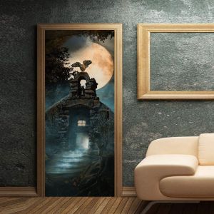 Autocollants de porte 3D en forme de hibou lunaire pour Halloween, 76 x 203 cm, réalistes, pour décoration d'Halloween, décorations de fête, stickers muraux - Neuf
