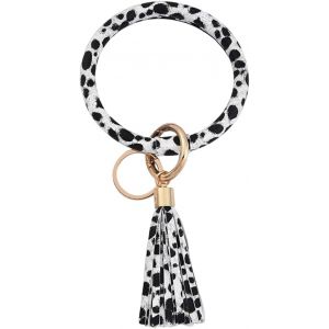 Kal-Grand Bracelet Porte Clés Rond En Cuir Synthétique Pour Femme Avec Pompon Imprimé Léopard Blanc Pour Clés De Voiture Usage Quotidien - Neuf