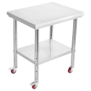 Table de Travail en Acier Inoxydable-Duoku-76 x 60 cm-Equip&eacute;e de Roulettes et d'Une Etag&egrave;re Inf&eacute;rieure Ajustable - Neuf