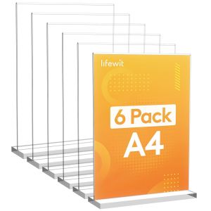 VornixorSarlshopLot de 6 Porte-affiches en Acrylique A4, Support Transparent en Forme de T, Cadre Photo en Plastique, Affichage de Menu pour R&eacute;ception, Bureau, Magasin, Restaurant, H&ocirc;tel, 30 x 21 cm - Neuf