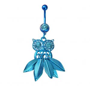 Piercing De Nombril En Forme De Hibou Mignon Avec Pompon Et Feuilles En Strass (Bleu) - Neuf