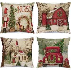 Les D&eacute;corations De No&euml;l De No&euml;l Oreiller Couvre 18 X 18 Pouces Set De 4 - Xmas S&eacute;rie De Coussin Housse De Coussin Personnalis&eacute; Avec Fermeture &Agrave; Glissi&egrave;re Taie D'oreiller Carr&eacute;e - Neuf