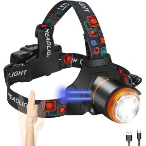 Lampe Frontale Led Rechargeable, Avec D&eacute;tecteur De Mouvement Et 4 Modes D'&eacute;clairage, &Eacute;tanche Ip45, R&eacute;glable &Agrave; 90 &deg;, Pour Le Jogging, La Course, Le Camping, La P&ecirc;che, La Randonn&eacute;e, Les - Neuf