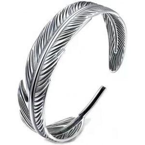 Bracelet En Argent Sterling,Bracelet Sterling 925 Vintage Plume D&iquest;&iquest;Tresse Large De Manchette Ethnique R&iquest;&iquest;Glable Ouvert Couples Amulette Pour Hommes Femmes Bijoux D'?T - Neuf