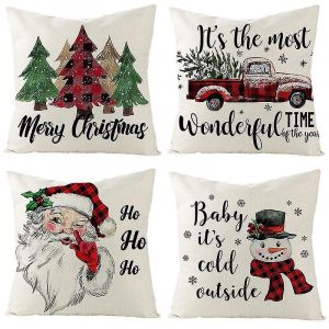 Ensemble de 4pcs housses de coussin,18x18inch,arbre de Noël camion bonhomme de neige Père Noël,décor de Noël - Neuf
