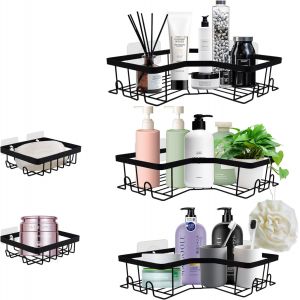 5Pcs Etagere Douche Sans Percage, Rangement Salle De Bain Avec Porte Savon, Etagere Douche Angle Inoxydable, Étagère Douche Sans Perçage Et 20 Crochets Pour Salle De Bain Et Cuisine - Noir - Neuf