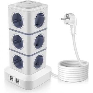 2500W Tour Multiprise Électrique,Tour Multiprise Parafoudre avec 12 Prises et 4 Ports USB,Multiprise USB-3 Interrupteurs Individuel - Neuf