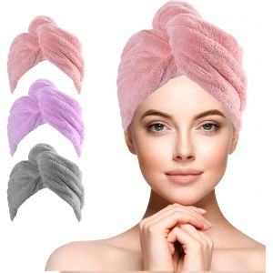 Serviette Cheveux, Lot De 3 Serviettes De S&eacute;chage En Microfibre Super Absorbantes Avec Boutons Pour Cheveux Secs, Serviette De Bain Cheveux Pour Femmes (Rose,Marine,Violet) - Neuf