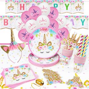 LETNERNY-16 Invités Kit Anniversaire Licorne Decoration Vaisselle Jetable Assiette Gobelet Serviette Paille Nappe Fête Banderole Joyeux Anniversaire Bandeau Licorne Ballon Deco Licorne Anniversaire F - Neuf
