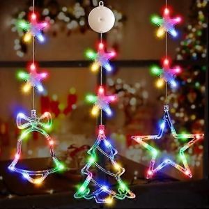 2024 Pack de 3 lumières de Noël Tree Star Bell,60 piles LED colorées fonctionnant avec ventouses,minuterie,guirlandes lumineuses de fenêtre à l'intérieur pour Noël Decora - Neuf