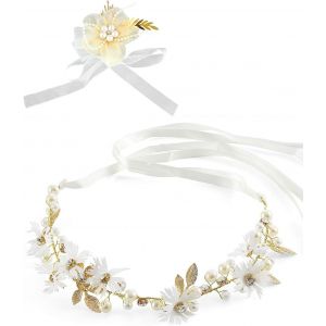 Kalvd-Bandeaux-2pcs Femmes Fleur Bandeau Avec Ruban Couronne Florale Bandeau De Mariage,Fleurs De Main De Mariage,Couronne De Mariée Fleur Accessoires De Cheveux Pour Mariage - Neuf