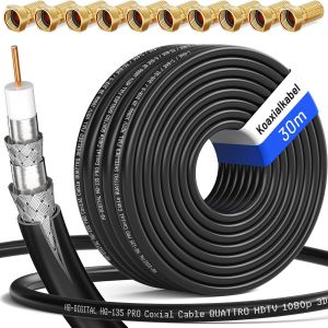 30m Câble Coaxial HQ-135 Câble d'Antenne 135dB Câble SAT 8K 4K UHD 4 Fois Blindé Pour les Systèmes DVB-S/S2 DVB-C/C2 DVB-T/T2 DAB+ Radio BK + 10 F-Plug GRATUIT - Neuf