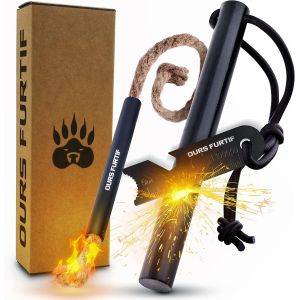 ERYI-Kit Firesteel Xxl - Pierre À Feu De Survie - Barre Magnésium Tendre De Qualité 12Mm - 20 000 Utilisations - Amadou Inclus + Paracorde + Pochette - Accessoire Camping, Bushcraft, Randonnée - Neuf