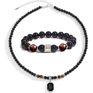 Eryi-Collier Bracelet Pierre Naturelle Pour Homme Bracelet ?il Tigre Pierre Naturelle Collier Naturelle Bracelet Extensibles Collier Naturelle Perles Réglables - Neuf