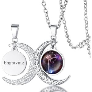 Kal-Collier Signe Astrologique Femme,Pendentif Demi Lune Style Zodiaque Or/Acier Inoxydable Avec Chaîne 50+5 Cm,Bijoux Horoscope Porte Bonheur Cadeau Anniversaire Pour Femmes Enfant Fille - Neuf