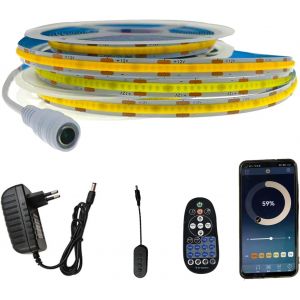 Tzf-Ruban À Cob Led 5m Blanc Neutre 4000k, Dimmable 8mm Bande Lumineuse, Contrôle Bluetooth App Avec Alimentation 12v+ Télécommande Rf, Auto-Adhésif, Flexible - Neuf