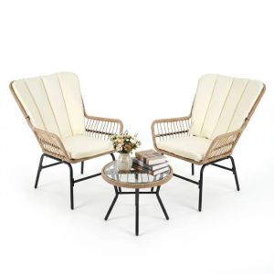 Ensemble 3 Pi&egrave;ces Table Et Chaise De Jardin Costway, Table Basse En Verre Tremp&eacute;, Mobilier D&iquest;Ext&eacute;rieur En Rotin Pe Avec Coussins - Neuf