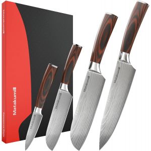 Vornixorsarlshopcouteau Cuisine Japonais Inspir&eacute; Set Avec Motif Damass&eacute; Grav&eacute;, Lames En Acier Au Carbone Avec Manche Ergonomique Pour Un Confort Durable, 4 Pi&egrave;ces Couteau Cuisine Professionnel - Neuf