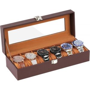 Kal-Boîte À Montres À 6 Emplacements, Coffret À Montre En Pu, Écrin À Montre Avec Couvercle En Verre, Amovibles Coussinets Boîte De Rangement Pour Montres Bijoux Femme Homme, Brun - Neuf