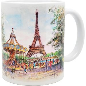 Eryi-- Paris, Le Carrousel De La Tour Eiffel En Aquarelle - Mug Céramique 325 Ml - Tasse-Cadeau Unique Avec Les Magnifiques Paysages Parisiens - Imprimé En France - Blanc Brillant - Neuf