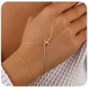 Kalsw-Bracelet Bracelet Avec Anneau,Chaîne Main Plaqué Or Avec Zircon,Bracelet Chaîne Avec Anneau,Bijoux De Main Tendance Pour Femme - Neuf