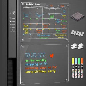 JEXNOVASHOP-Lot de 2 Calendrier Magn&eacute;tique Frigo, 40 x 30cm Planificateurs Magn&eacute;tiques et M&eacute;mo, Tableau Transparent Effa&ccedil;able &agrave; Sec en Acrylique, Facile &agrave; Lire et &agrave; Nettoyer, 4 Marqueurs Craie de Cou - Neuf