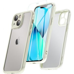 Mat Coque pour iPhone 13 avec Verre Tremp&iquest;&iquest;, Antichoc Militaire Protection Translucide Housse Anti-Rayures pour iPhone 13 6.1 Pouces - Blanc - Neuf