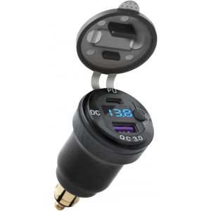 ELVORIX-Chargeur Prise Allume Cigare USB C Rapide with LED Voltmeter, Waterproof Chargeur de Telephone Voiture Dual QC 3.0 USB Din Socket Adaptateur pour Motos 12V/24V BMW Motorcycles - Neuf
