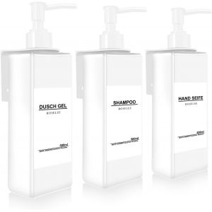 ERYI-3 Pièces Distributeur De Savon Mural, Distributeur Savon Douche Blanc, 500Ml Flacon Pompe Vide No Perçage Avec Étiquettes Pour Cuisine Et Salle De Bain - Neuf