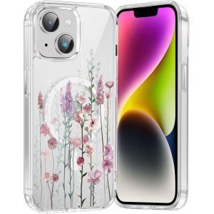 Kal-Coque Magnétique Pour Iphone 14/Iphone 13 6,1"", Compatible Avec Magsafe, Transparente Fille Etui Avec Aesthetic Motif Fleur Dessin, Souple Silicone Mince Tpu Bumper Case Antichoc Housse, 03 - Neuf