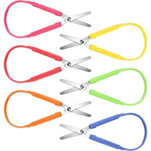 KALANKA-Lot de 6 ciseaux à anneaux pour enfants à partir de 2 ans - Ciseaux à boucles avec poignée - Mini ciseaux à anneaux à ouverture automatique - Ciseaux de sécurité Loop Scissors - Ciseaux de br - Neuf