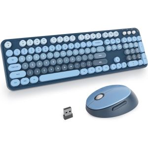 Ensemble Clavier et Souris sans Fil,Clavier de Machine à écrire,2.4GHz Clavier de Machine à écrire à Touches Rondes avec Pavé Numérique,Clavier de 104 Touches(Américain QWERTY)(Mixed Coffee) - Neuf