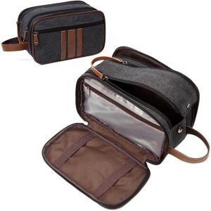 TIANYI-Trousse de Toilette Homme Voyage, 6,4L Grande Trousse Toilette Femme en Toile Imperméable Rétro avec 3 Compartiments Trousse Maquillage Kit Rasage Dopp Gris Foncé - Neuf