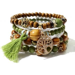 Lot De 4 Bracelets De Perles Bohème, Pendentif Arbre De Vie, Bracelet À Pampilles En Bois Multicouches, Élastique Souvenir De Voyage, Bijoux De Style Bohème (Vert Militaire) - Neuf