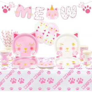 Letnerny-107 Pièces Fournitures De Fête D'anniversaire Pour Chaton - Bannière Meow, Serviettes, Gobelets Et Nappe Pour Décorations De Fête De Chat Rose Blanc Pour Fille, Servir 20 Invités - Neuf