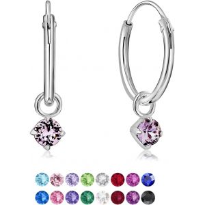 Kal-® Boucles D'oreilles Petites Créoles En Argent Fin 925 Avec Petit Pendentif 3 Mm Cristaux De Swarovski® Elements Ronds - Épaisseur 1.5 Mm - Diamètre: 14 Mm - Choix De Différentes Couleurs - Neuf