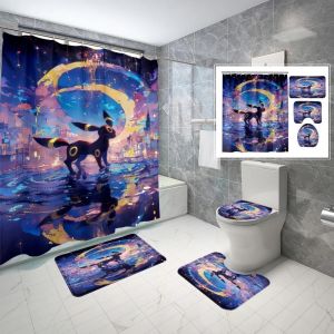 Ensemble De Rideaux De Douche 1/4 Pi&egrave;ces,Tapis De Sol Antid&eacute;rapant Imprim&eacute; Pok &Eacute; Mon,Tapis De Sol En Forme De U Pour Si&egrave;ge De Toilette Avec Rideau De Douche &Agrave; Crochet.2.1Pcs X180X 180 - Neuf
