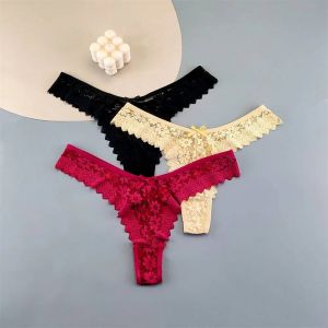 3pcs Women Lace Thong Underwear Pack Transparent Mid-Waist Underpants Female Briefs Ruffles G-Strings Plus Size.L.Black Khaki Winered - Neuf