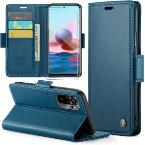 Kal-Coque Pour Xiaomi Redmi Note 10 4g/Redmi Note 10s+ 2 Pi&egrave;ces Verre Tremp&eacute;,Antivol,Prend En Charge Le Chargement Sans Fil, Pochette Fermeture Magn&eacute;tique Flip Case- Bleu - Neuf