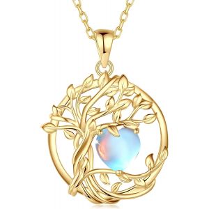 Collier Pendentif Arbre De Vie Femme, Pendentif Arbre Plaqu&eacute; Or 14k Avec Pierres De Lune, Bijou Cadeau Anniversaire Pour Elle, Longueur De Cha&icirc;ne : 40+5 Cm - Neuf