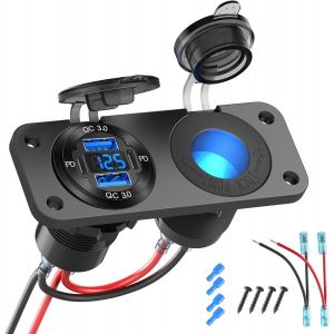 2025 Am&eacute;lior&eacute; 4 Ports Prise Usb 12 Volts Panneau Prise Allume-Cigare, Double Port Usb Pd3.0 Et Double Port Qc3.0 Chargeur Voiture En Aluminium Avec Voltm&egrave;tre Et Prise &Eacute;clair&eacute;e 150W, Kit Diy 2 En 1 - Neuf