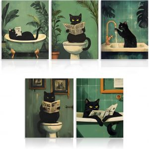 KALANKA-5pcs Chat Noir Tableau Decoration Murale 25 * 20cm Poster Mural Humour Affiche Murale &eacute;tanche Affiche Toilette Decoration Salle de Bain Toile Decoration Bathroom Painting Vintage Sans Cadre - Neuf