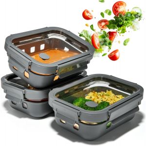 Jexnovashop-Meal Prep Boîtes Set 3x640ml ¿ Verre Borosilicate, Hermétique, Empilable, Micro-Ondes Avec Valve Vapeur, Coque Silicone Anti-Choc - Neuf