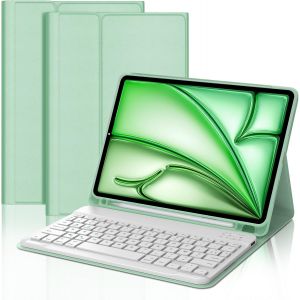 Kal-Étui Clavier Pour Ipad Air 11 (M3 2025/M2 2024) -Ipad Air 5/4 Clavier Magnétique Azerty Français Clavier,Coque Arrière Antichoc, Housse Multiposition Avec Fonction De Ranger Le Stylet, Vert - Neuf