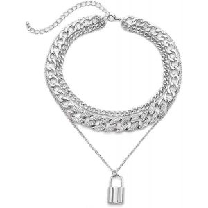 Strass Gourmette Cubain Lien Chaîne Ras De Cou Pour Les Femmes Unisexe Cool Hip Hop Miami Cubain Diamant Taille Chaîne Ras De Cou Collier Serrure Pendentif Argent - Neuf