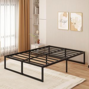 SUBZONAL-Cadre de Lit 140x190 cm - 46 cm Haut, Lit Plateforme en M&eacute;tal avec Support &agrave; Lattes en Acier, Montage Facile, sans Bruit, Aucun Matelas &agrave; Ressorts Requis, Noir - Neuf